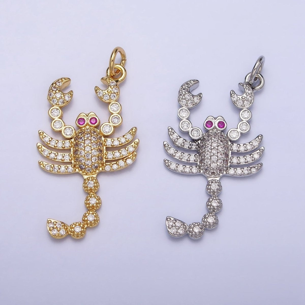 Gold Filled CZ Fuchsia-Eyed 27.5mm or 33.8mm Lobster Scorpion Animal Micro Pave Charm in Gold or Silver