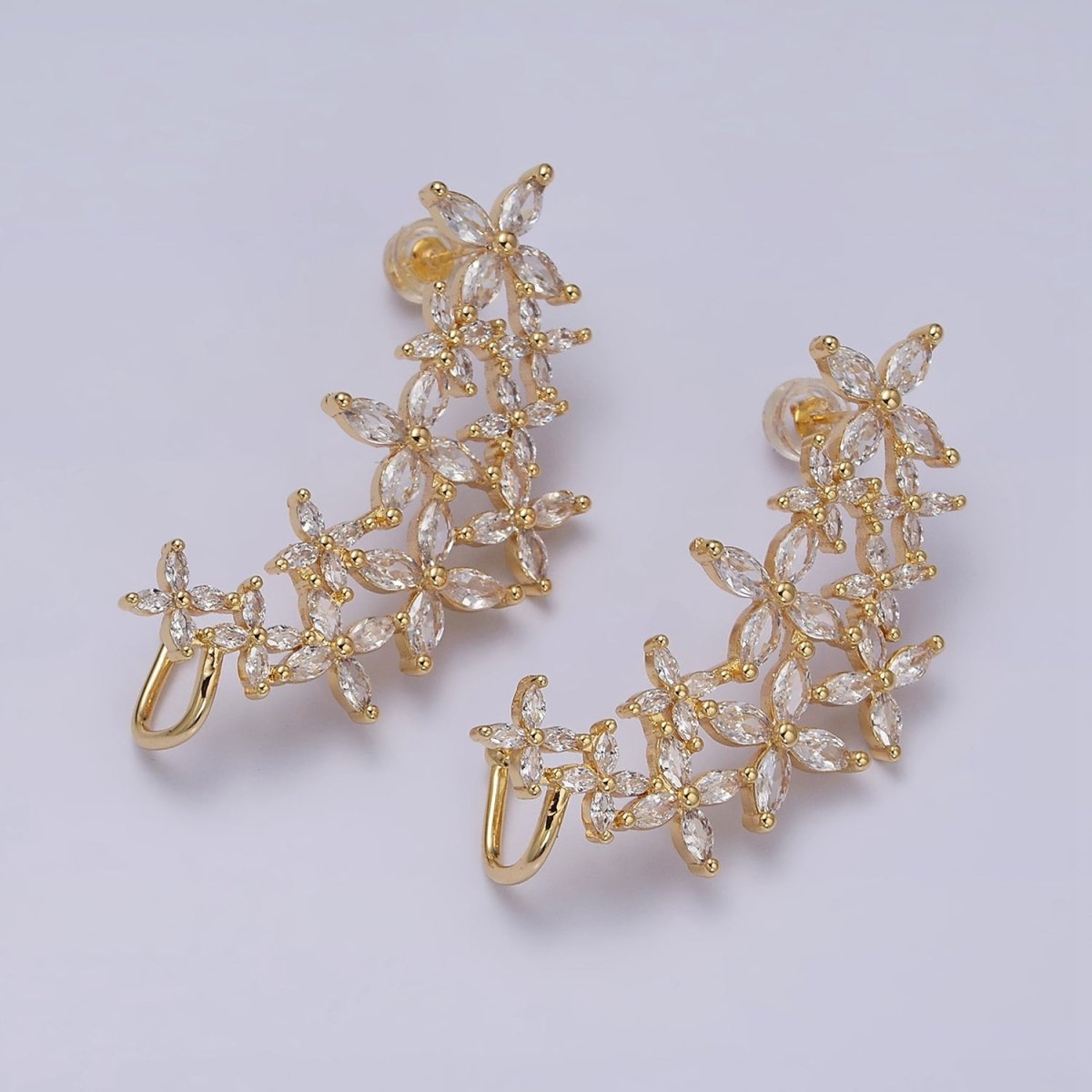 16K Gold Filled CZ Marquise Flower Butterfly Ear Cuff Stud Earrings in Gold & Silver