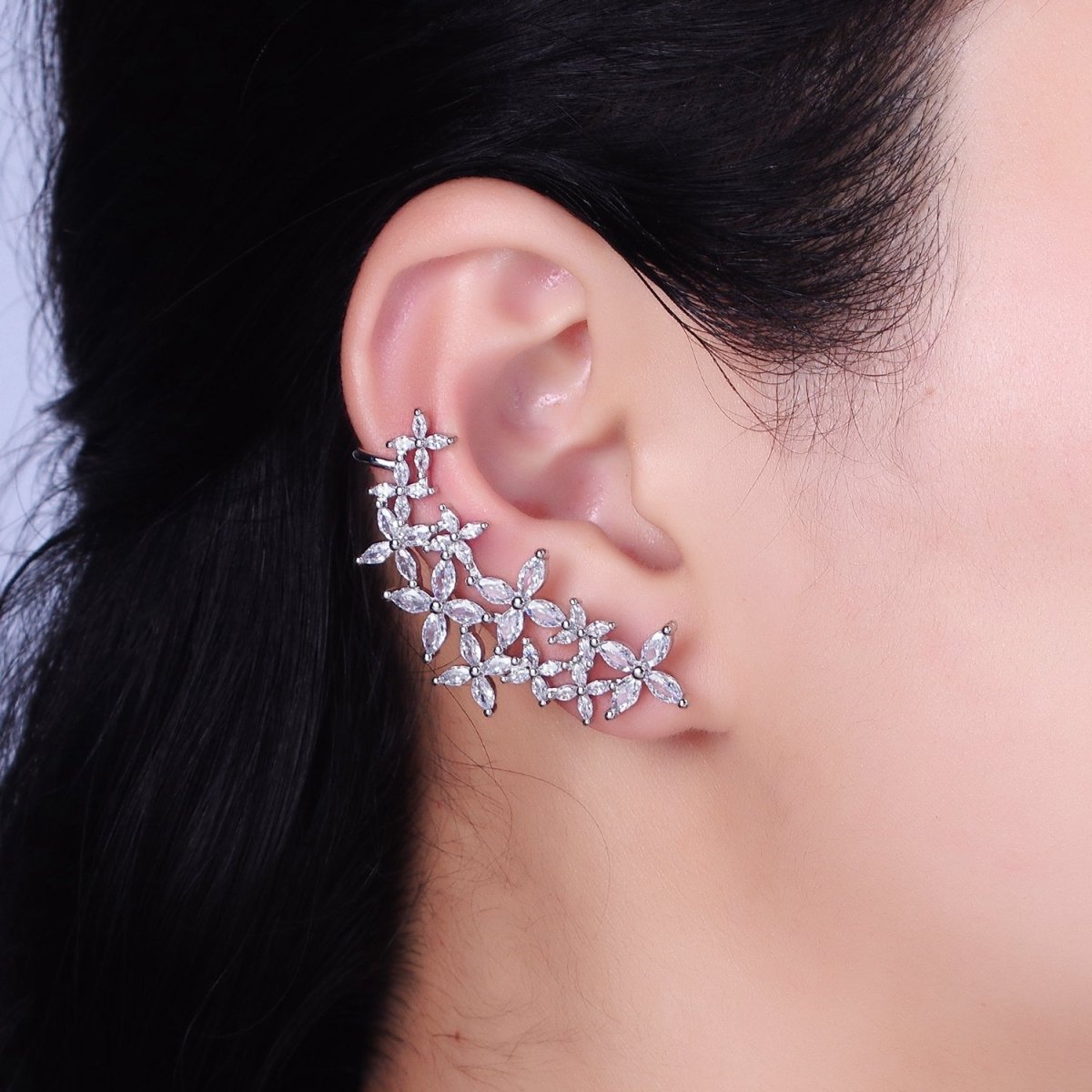 16K Gold Filled CZ Marquise Flower Butterfly Ear Cuff Stud Earrings in Gold & Silver