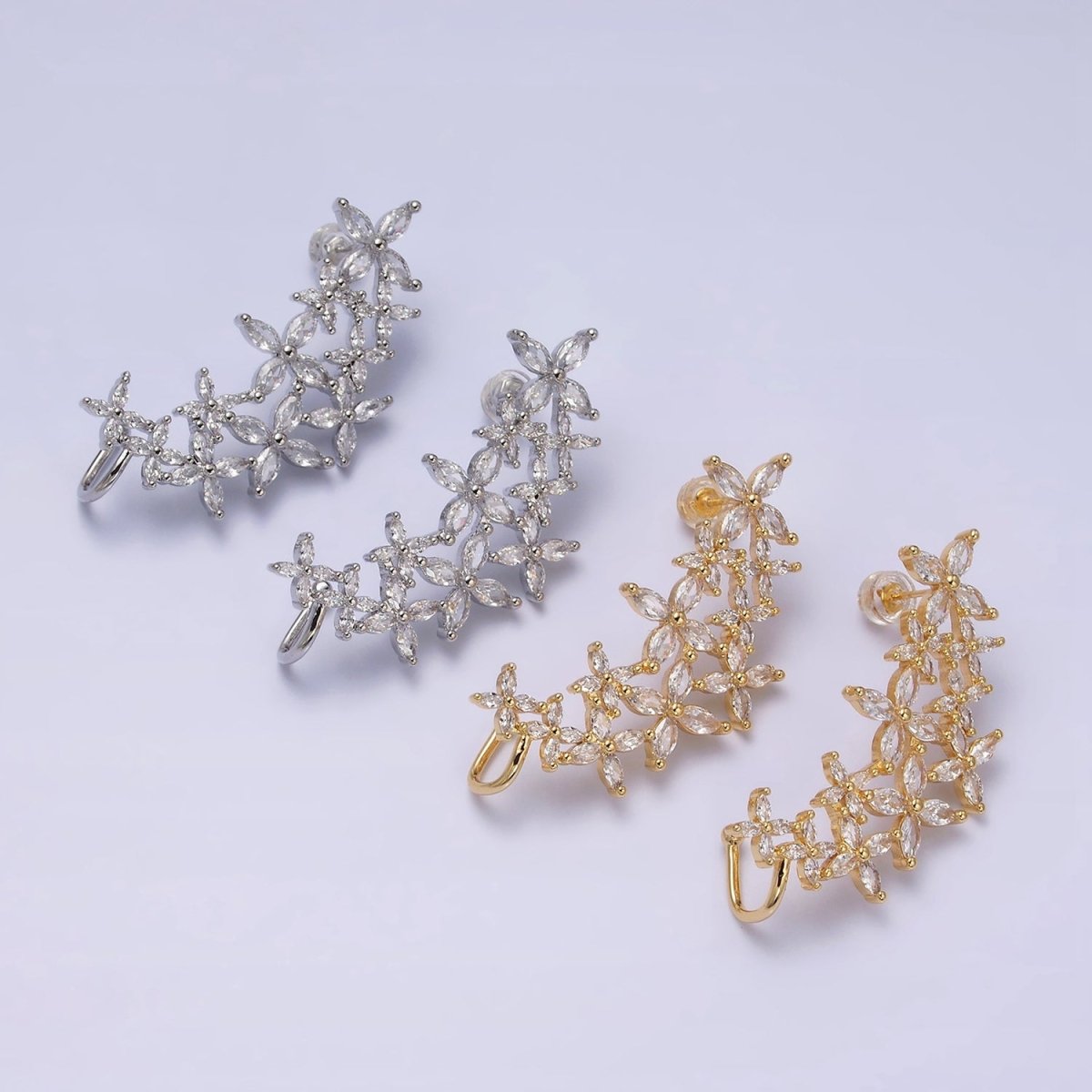 16K Gold Filled CZ Marquise Flower Butterfly Ear Cuff Stud Earrings in Gold & Silver