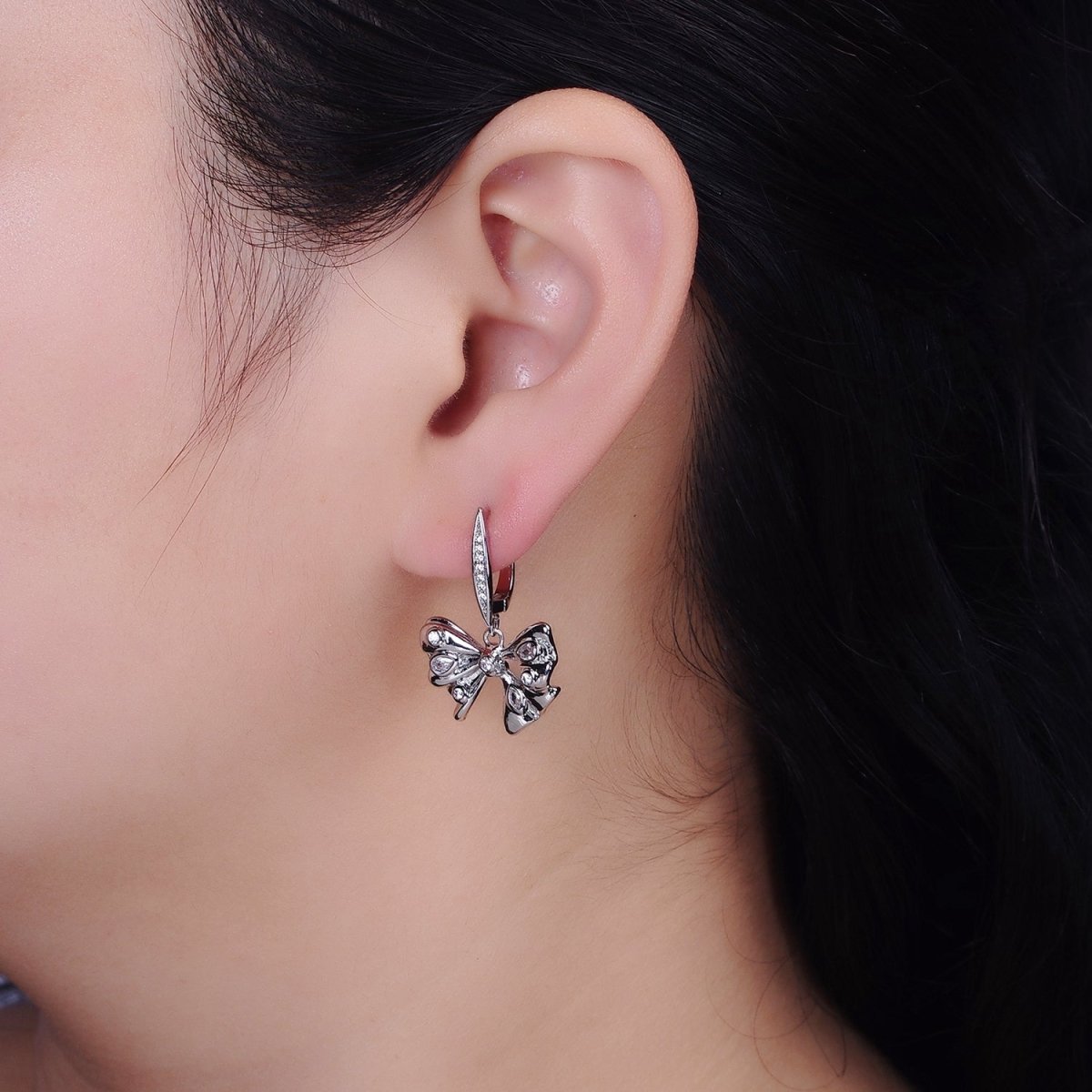 16K Gold Filled Dotted CZ Ribbon Drop Micro Paved English Lock Earrings in Gold & Silver