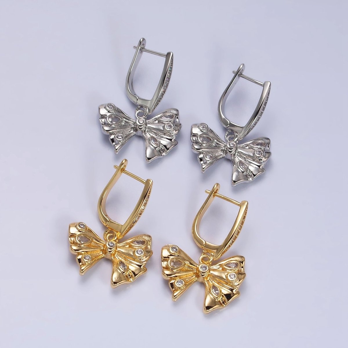16K Gold Filled Dotted CZ Ribbon Drop Micro Paved English Lock Earrings in Gold & Silver