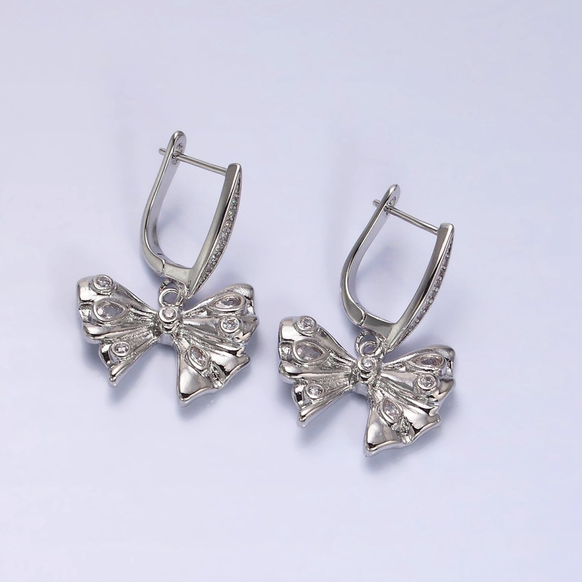 16K Gold Filled Dotted CZ Ribbon Drop Micro Paved English Lock Earrings in Gold & Silver
