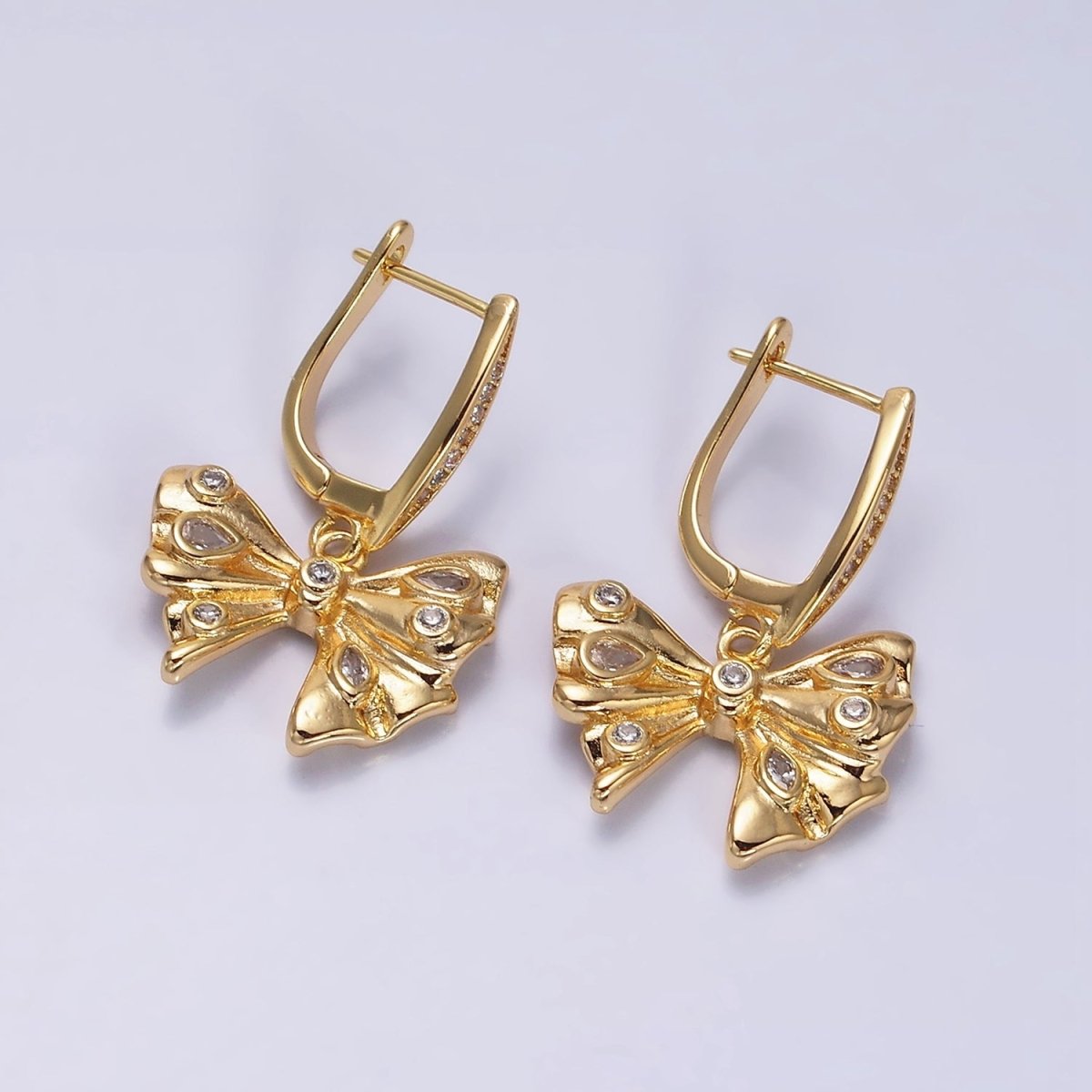 16K Gold Filled Dotted CZ Ribbon Drop Micro Paved English Lock Earrings in Gold & Silver