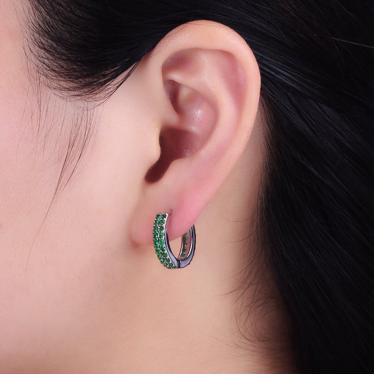 16K Gold Filled Double Green Micro Pave CZ 16mm Huggie Earrings in Gold & Silver