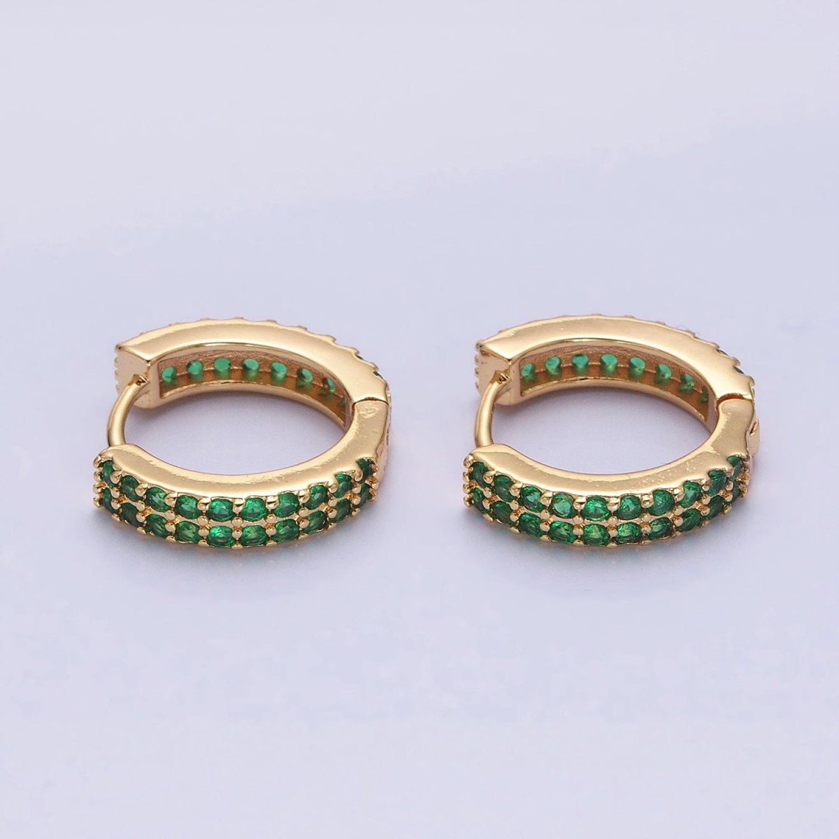 16K Gold Filled Double Green Micro Pave CZ 16mm Huggie Earrings in Gold & Silver
