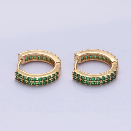 16K Gold Filled Double Green Micro Pave CZ 16mm Huggie Earrings in Gold & Silver