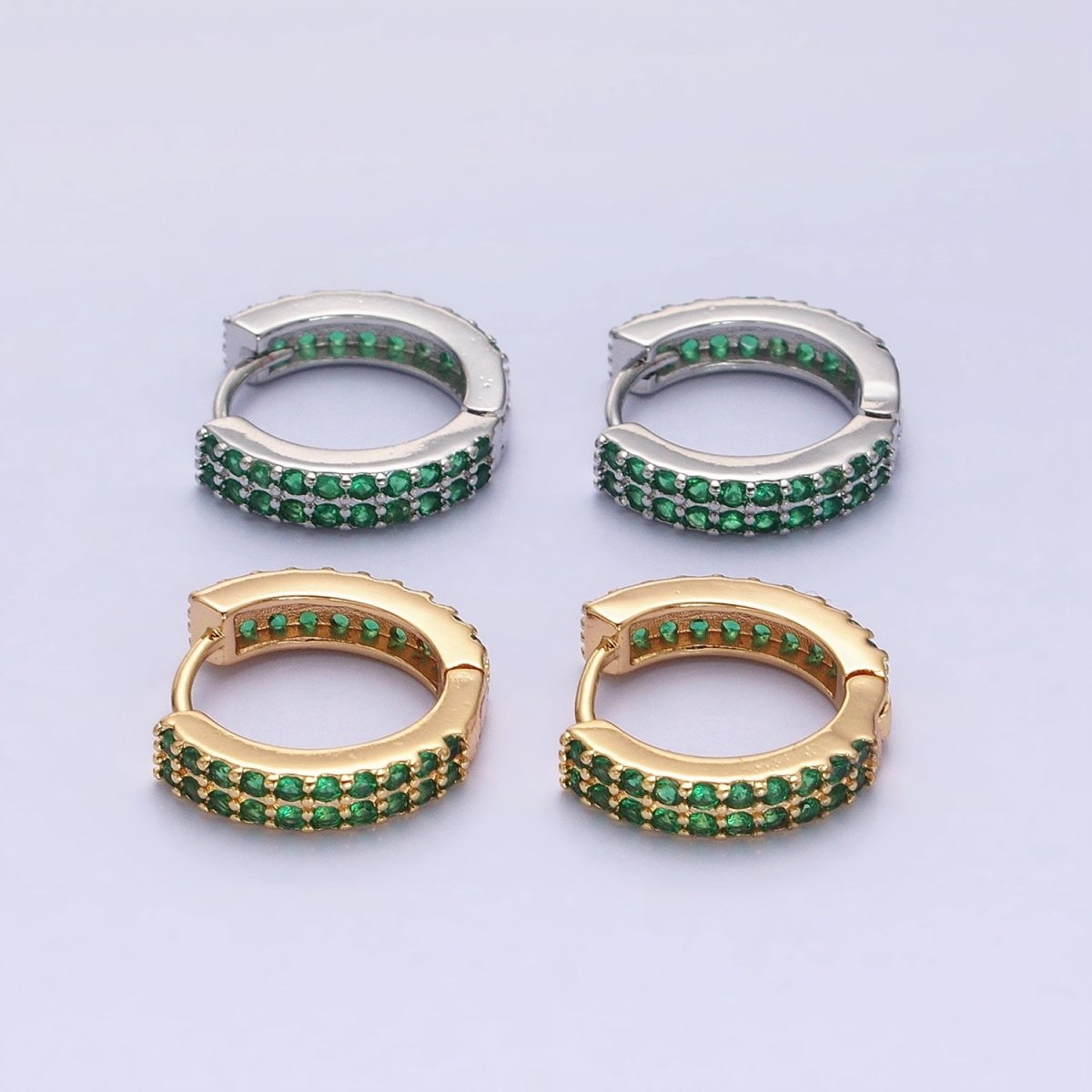 16K Gold Filled Double Green Micro Pave CZ 16mm Huggie Earrings in Gold & Silver