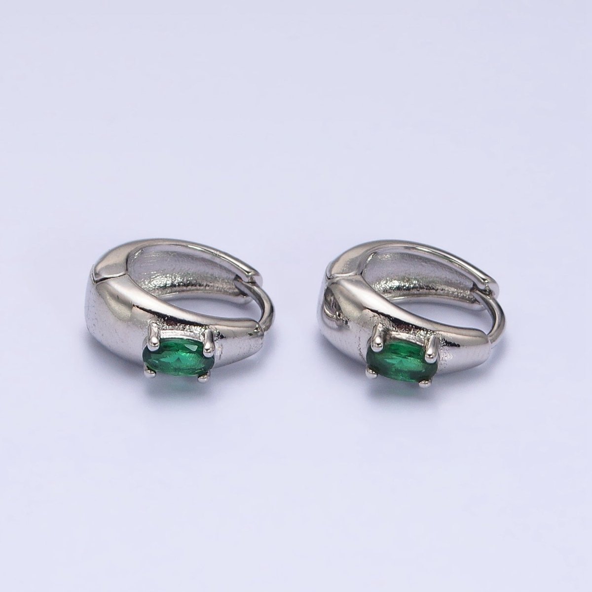 Simple 16K Gold Filled Emerald Green Oval CZ Dome 13mm Huggie Earrings in Silver & Gold