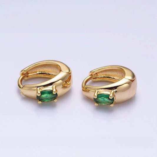 Simple 16K Gold Filled Emerald Green Oval CZ Dome 13mm Huggie Earrings in Silver & Gold