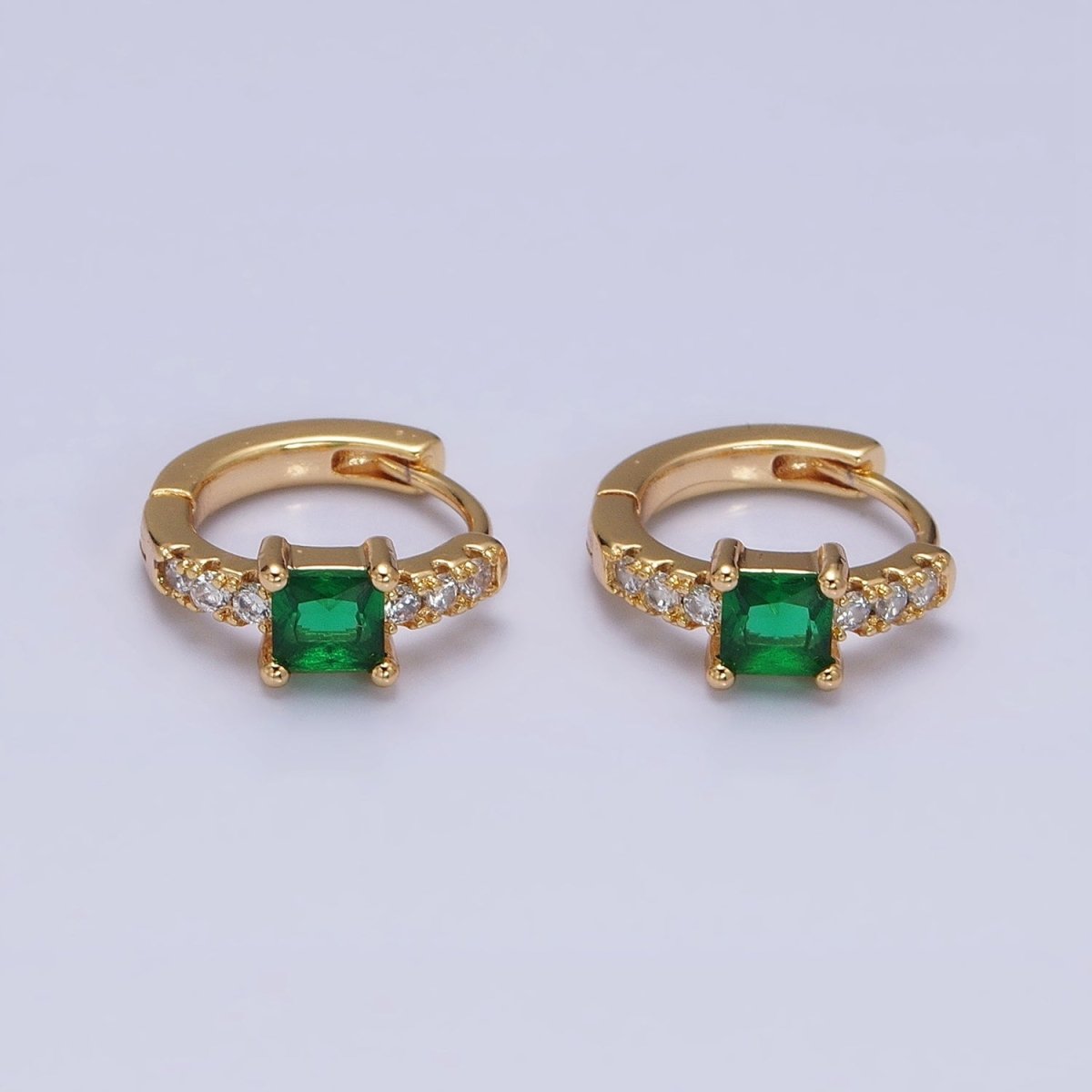 16K Gold Filled Emerald Green Square CZ Micro Paved Cartilage Huggie Earrings in Gold & Silver