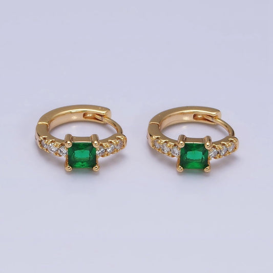 16K Gold Filled Emerald Green Square CZ Micro Paved Cartilage Huggie Earrings in Gold & Silver