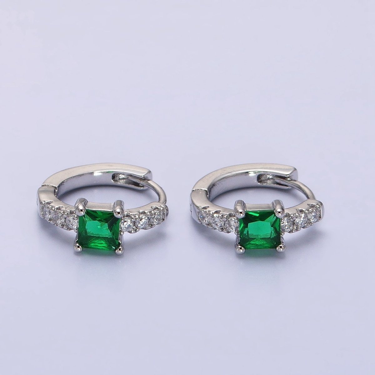 16K Gold Filled Emerald Green Square CZ Micro Paved Cartilage Huggie Earrings in Gold & Silver