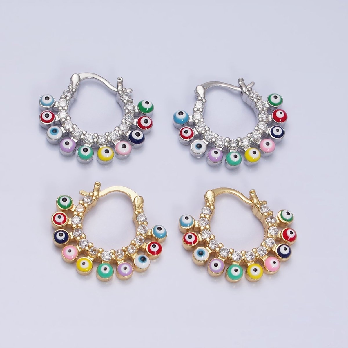 16K Gold Filled Evil Eye Enamel Micro Paved CZ Lined French Hook Latch Earrings in Gold & Silver