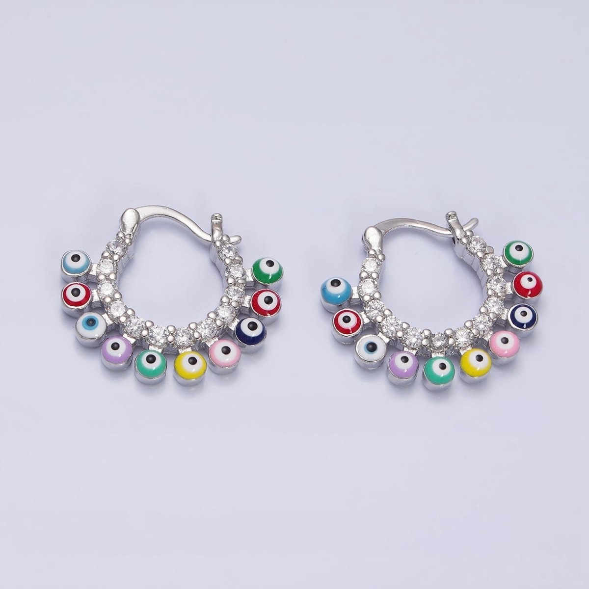 16K Gold Filled Evil Eye Enamel Micro Paved CZ Lined French Hook Latch Earrings in Gold & Silver