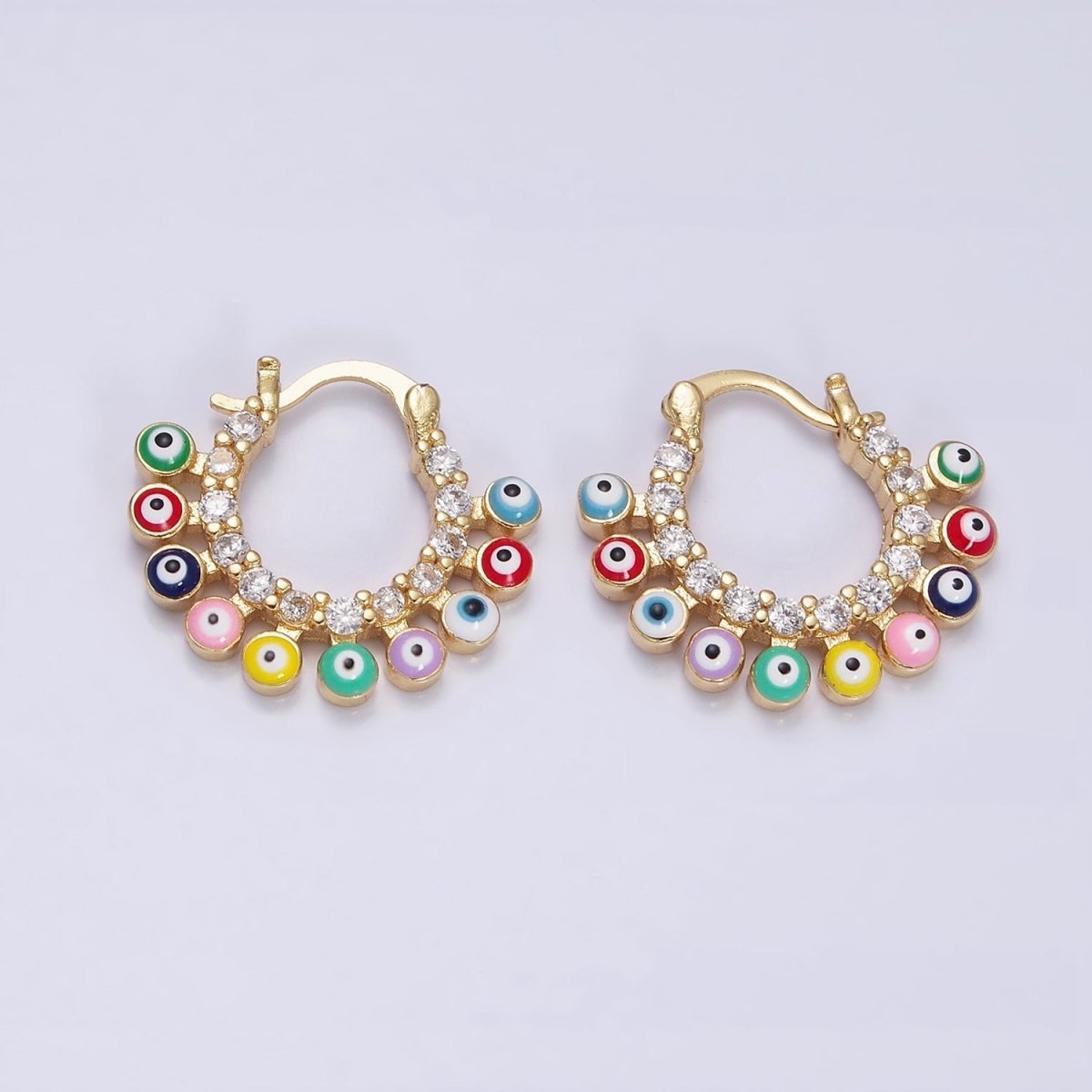 16K Gold Filled Evil Eye Enamel Micro Paved CZ Lined French Hook Latch Earrings in Gold & Silver
