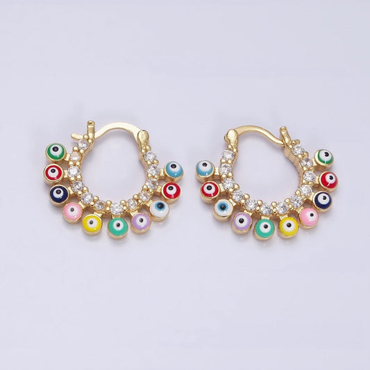 16K Gold Filled Evil Eye Enamel Micro Paved CZ Lined French Hook Latch Earrings in Gold & Silver
