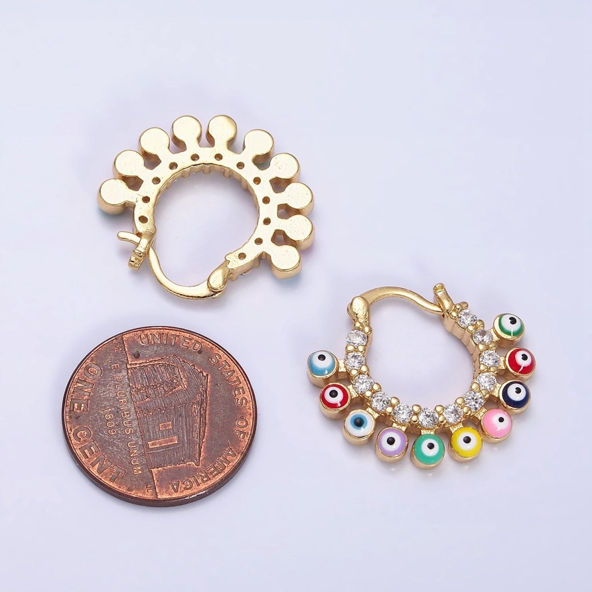 16K Gold Filled Evil Eye Enamel Micro Paved CZ Lined French Hook Latch Earrings in Gold & Silver