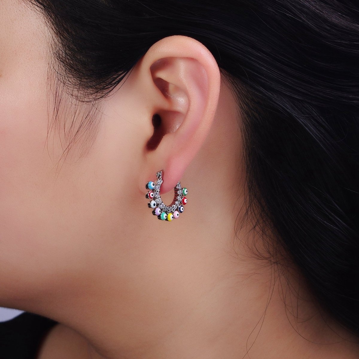 16K Gold Filled Evil Eye Enamel Micro Paved CZ Lined French Hook Latch Earrings in Gold & Silver