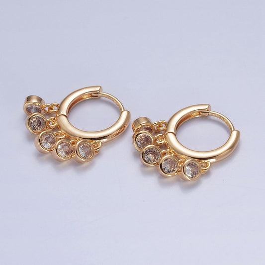 Dainty 16K Gold Filled Five Round Cubic Zirconia CZ Charm Dangle Huggie Hoop Earrings