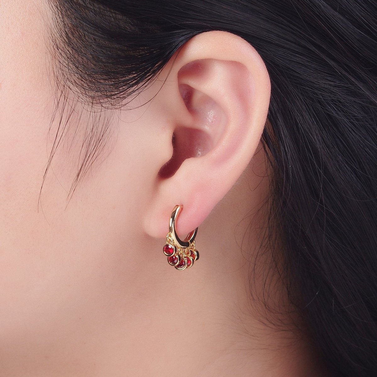 Dainty 16K Gold Filled Five Round Cubic Zirconia CZ Charm Dangle Huggie Hoop Earrings