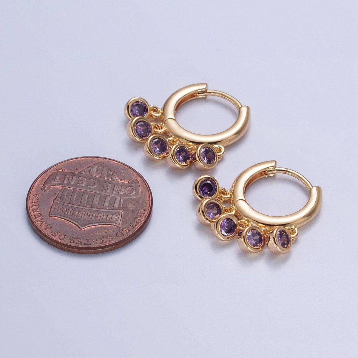 Dainty 16K Gold Filled Five Round Cubic Zirconia CZ Charm Dangle Huggie Hoop Earrings