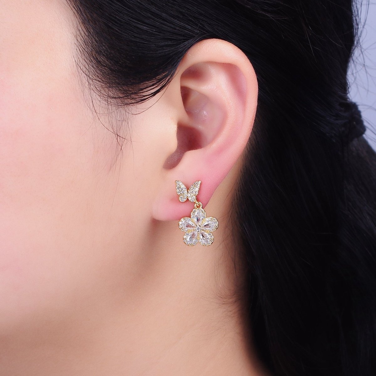 Sweet 16K Gold Filled Flower Butterfly Micro Pave CZ Drop Stud Earrings in Gold & Silver