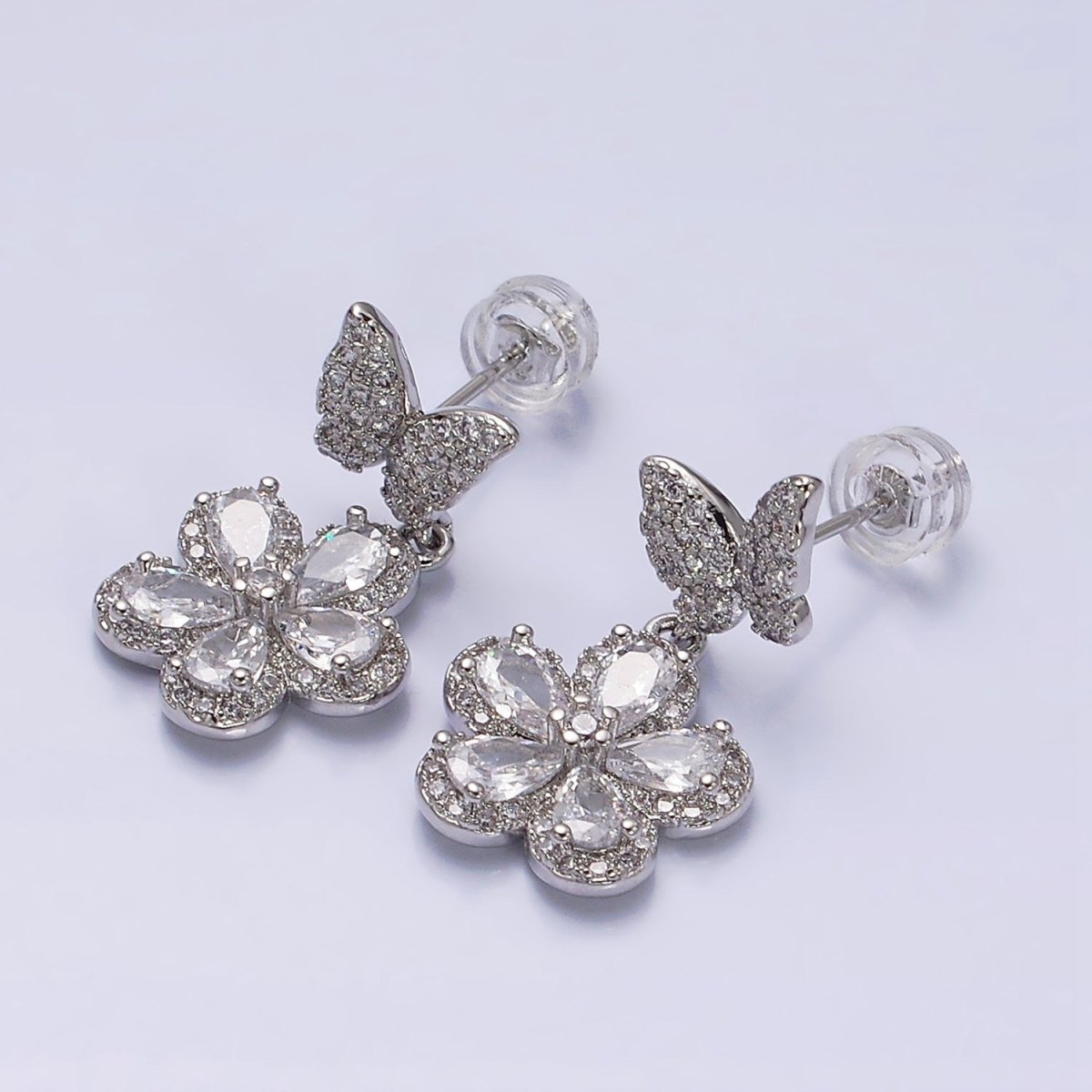 Sweet 16K Gold Filled Flower Butterfly Micro Pave CZ Drop Stud Earrings in Gold & Silver