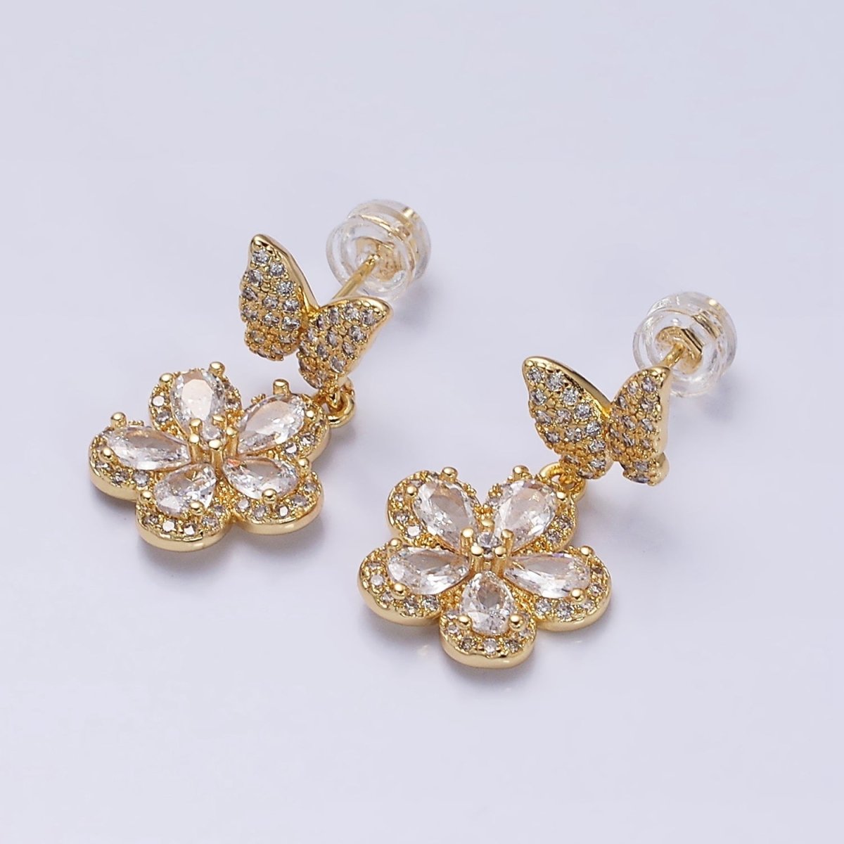 Sweet 16K Gold Filled Flower Butterfly Micro Pave CZ Drop Stud Earrings in Gold & Silver