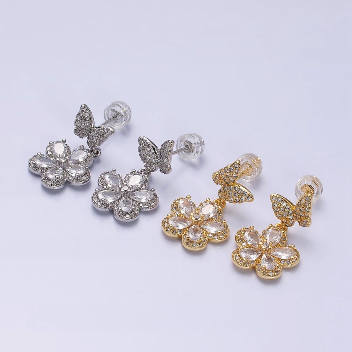Sweet 16K Gold Filled Flower Butterfly Micro Pave CZ Drop Stud Earrings in Gold & Silver