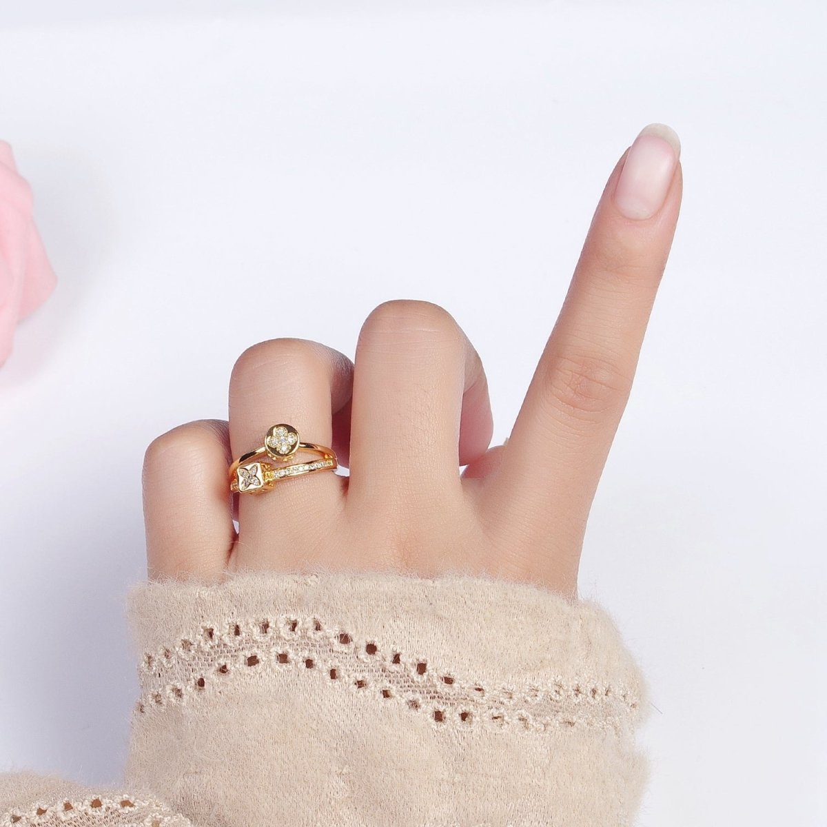 Gold-Filled Flower Clover Quatrefoil Double Band Micro Pave CZ Adjustable Ring in Gold & Silver