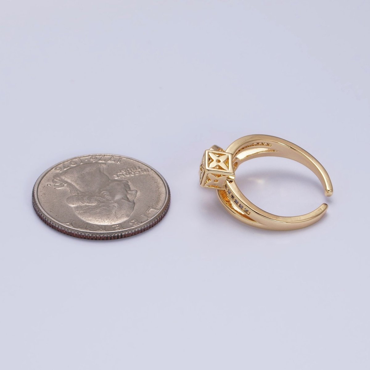 Gold-Filled Flower Clover Quatrefoil Double Band Micro Pave CZ Adjustable Ring in Gold & Silver