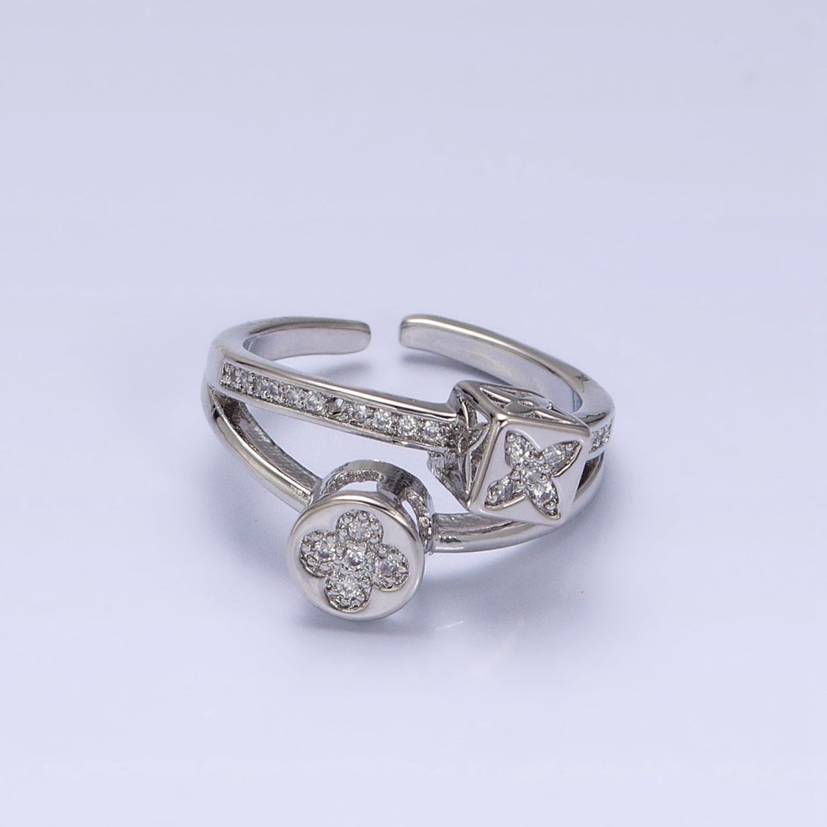 Gold-Filled Flower Clover Quatrefoil Double Band Micro Pave CZ Adjustable Ring in Gold & Silver