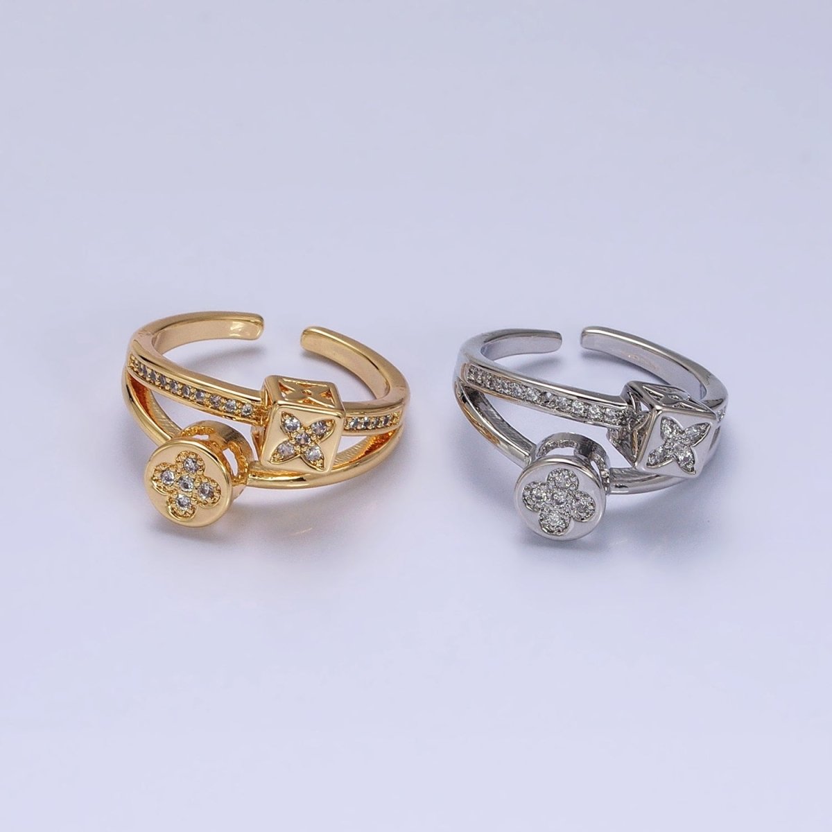 Gold-Filled Flower Clover Quatrefoil Double Band Micro Pave CZ Adjustable Ring in Gold & Silver