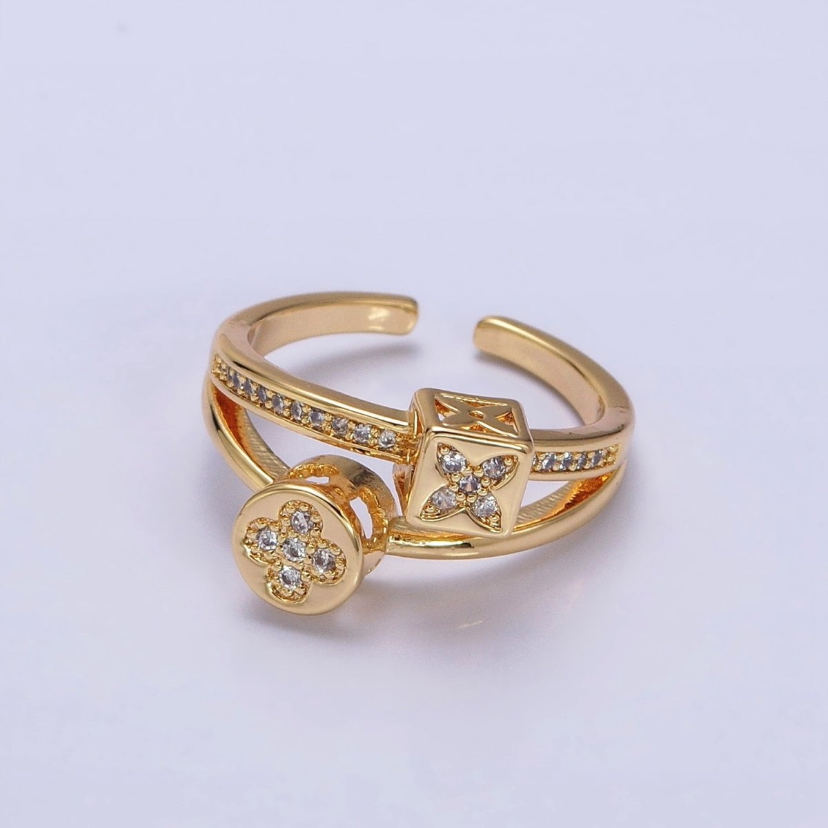 Gold-Filled Flower Clover Quatrefoil Double Band Micro Pave CZ Adjustable Ring in Gold & Silver