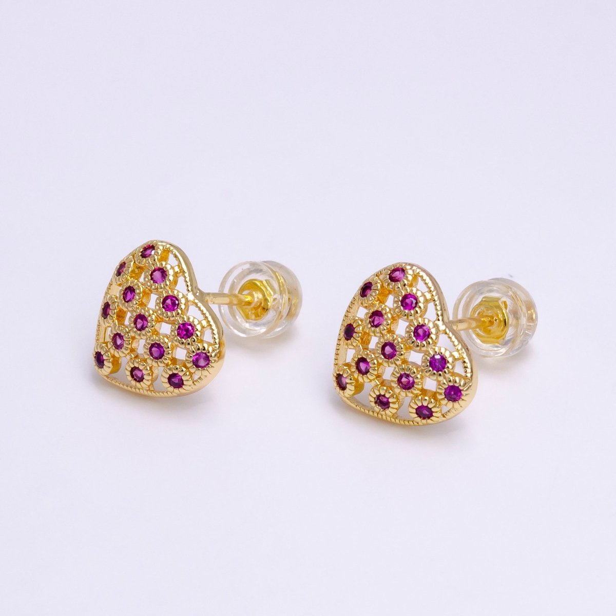 Sweet Gold Filled Fuchsia CZ Open Heart 10mm Stud Earrings in Gold & Silver