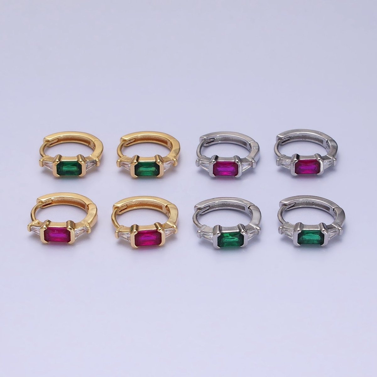 16K Gold Filled Fuchsia or Green Baguette Triangle CZ Huggie Earrings in Gold & Silver