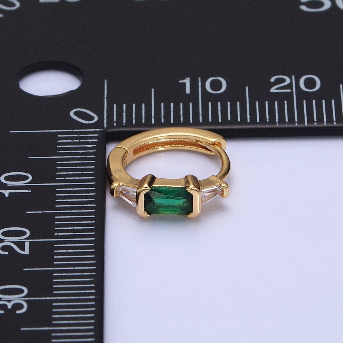 16K Gold Filled Fuchsia or Green Baguette Triangle CZ Huggie Earrings in Gold & Silver