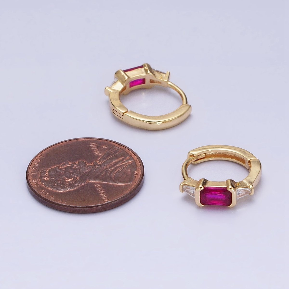 16K Gold Filled Fuchsia or Green Baguette Triangle CZ Huggie Earrings in Gold & Silver