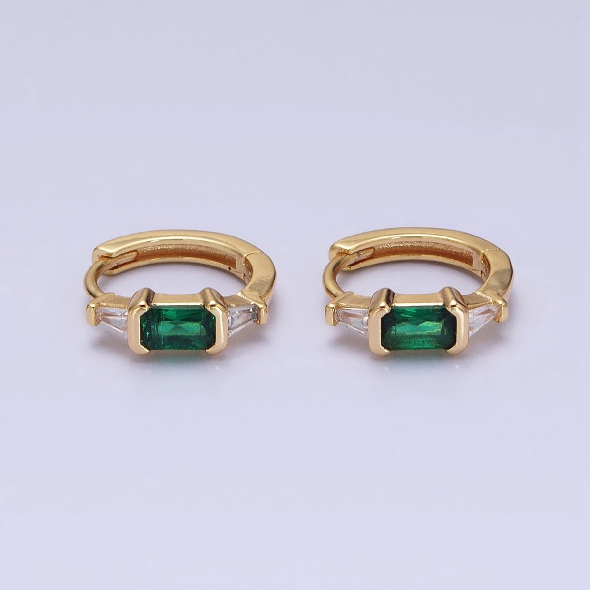 16K Gold Filled Fuchsia or Green Baguette Triangle CZ Huggie Earrings in Gold & Silver