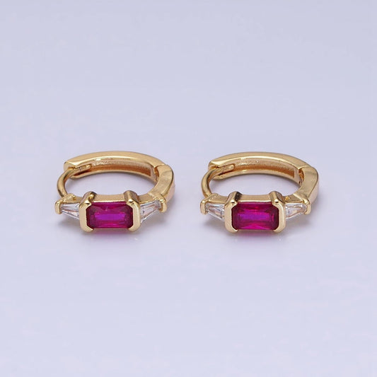 16K Gold Filled Fuchsia or Green Baguette Triangle CZ Huggie Earrings in Gold & Silver