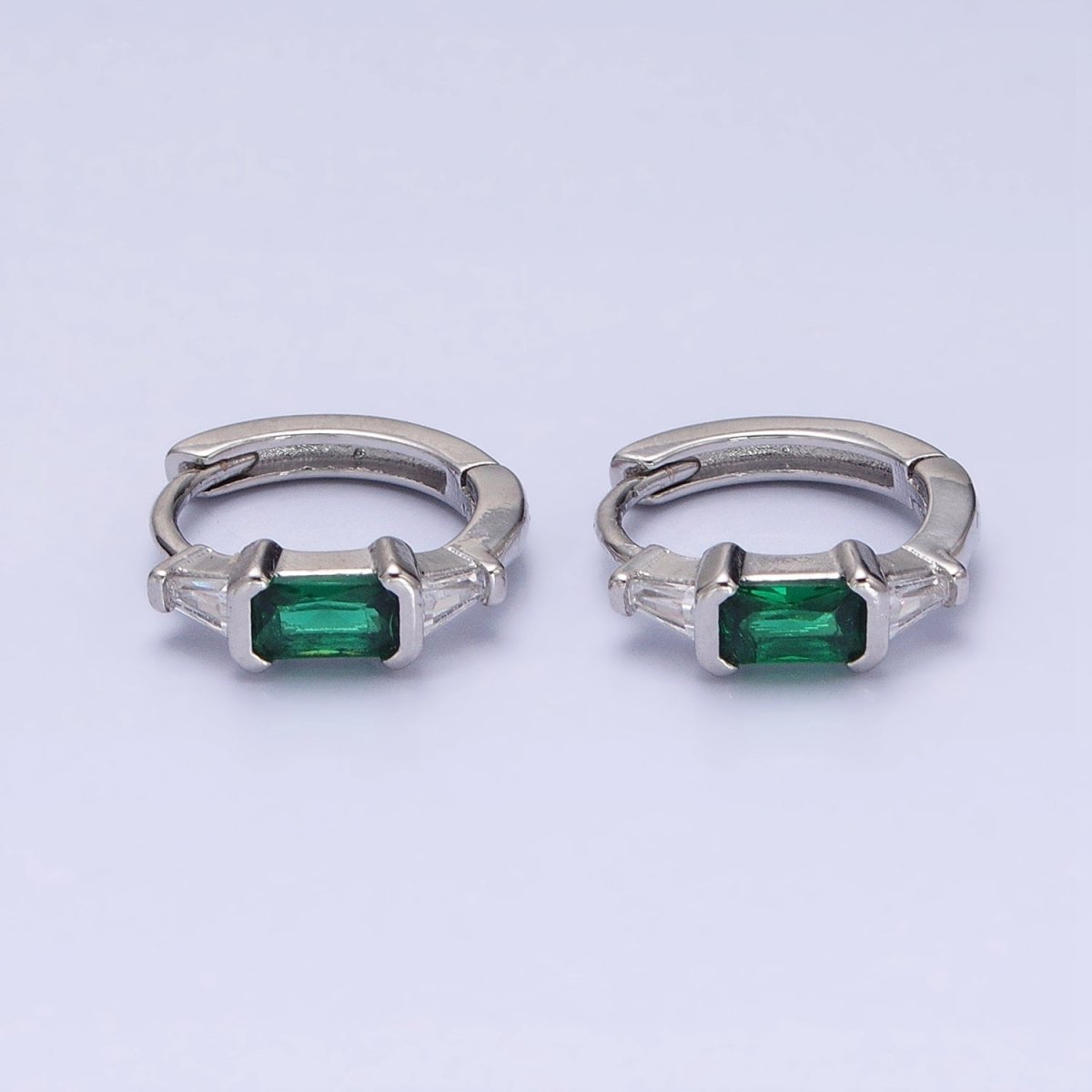 16K Gold Filled Fuchsia or Green Baguette Triangle CZ Huggie Earrings in Gold & Silver