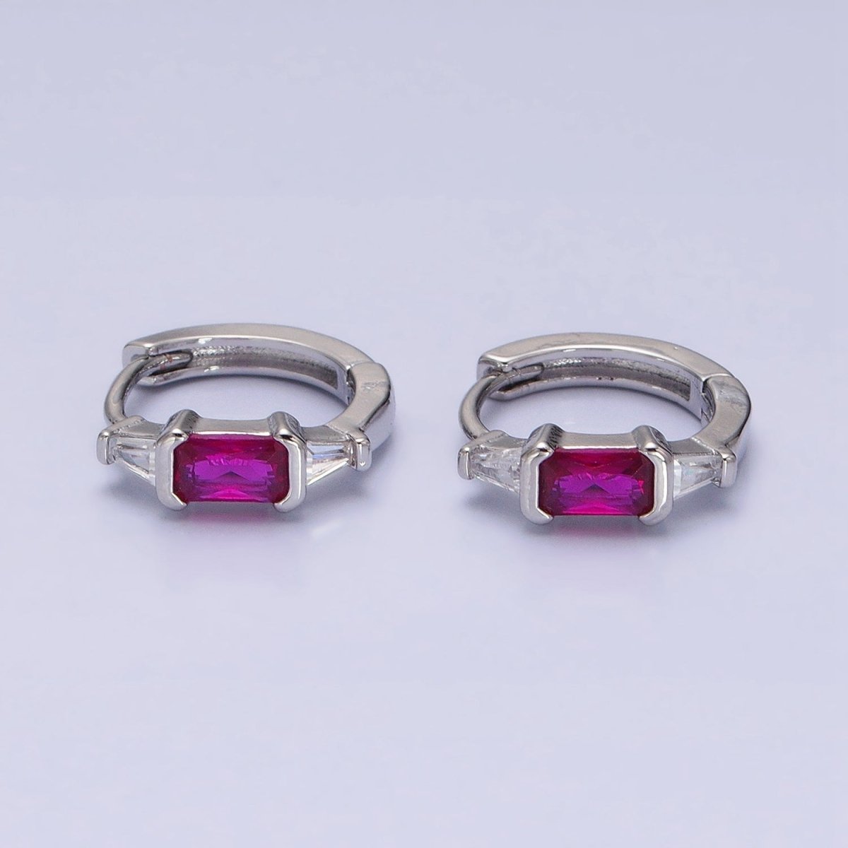 16K Gold Filled Fuchsia or Green Baguette Triangle CZ Huggie Earrings in Gold & Silver