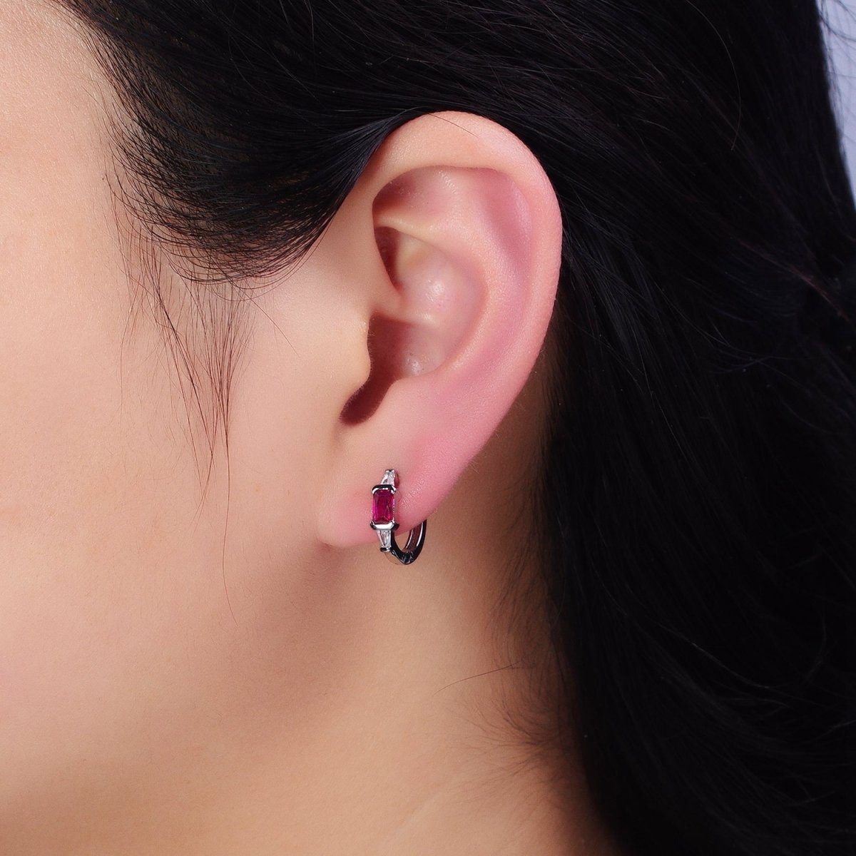 16K Gold Filled Fuchsia or Green Baguette Triangle CZ Huggie Earrings in Gold & Silver