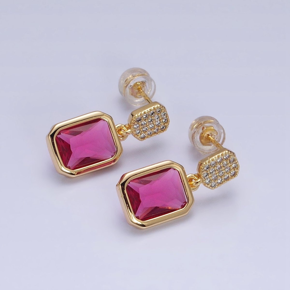 16K Gold Filled Fuchsia, Green Multifaceted Baguette CZ Drop Micro Pave Bar Stud Earrings in Gold & Silver