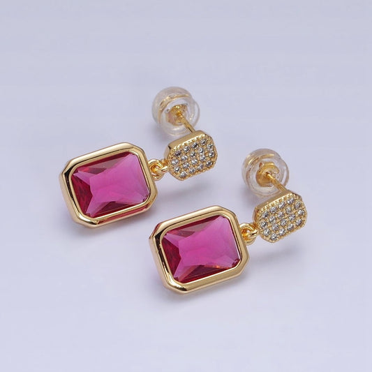 16K Gold Filled Fuchsia, Green Multifaceted Baguette CZ Drop Micro Pave Bar Stud Earrings in Gold & Silver