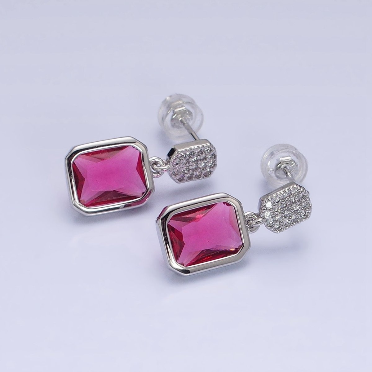 16K Gold Filled Fuchsia, Green Multifaceted Baguette CZ Drop Micro Pave Bar Stud Earrings in Gold & Silver