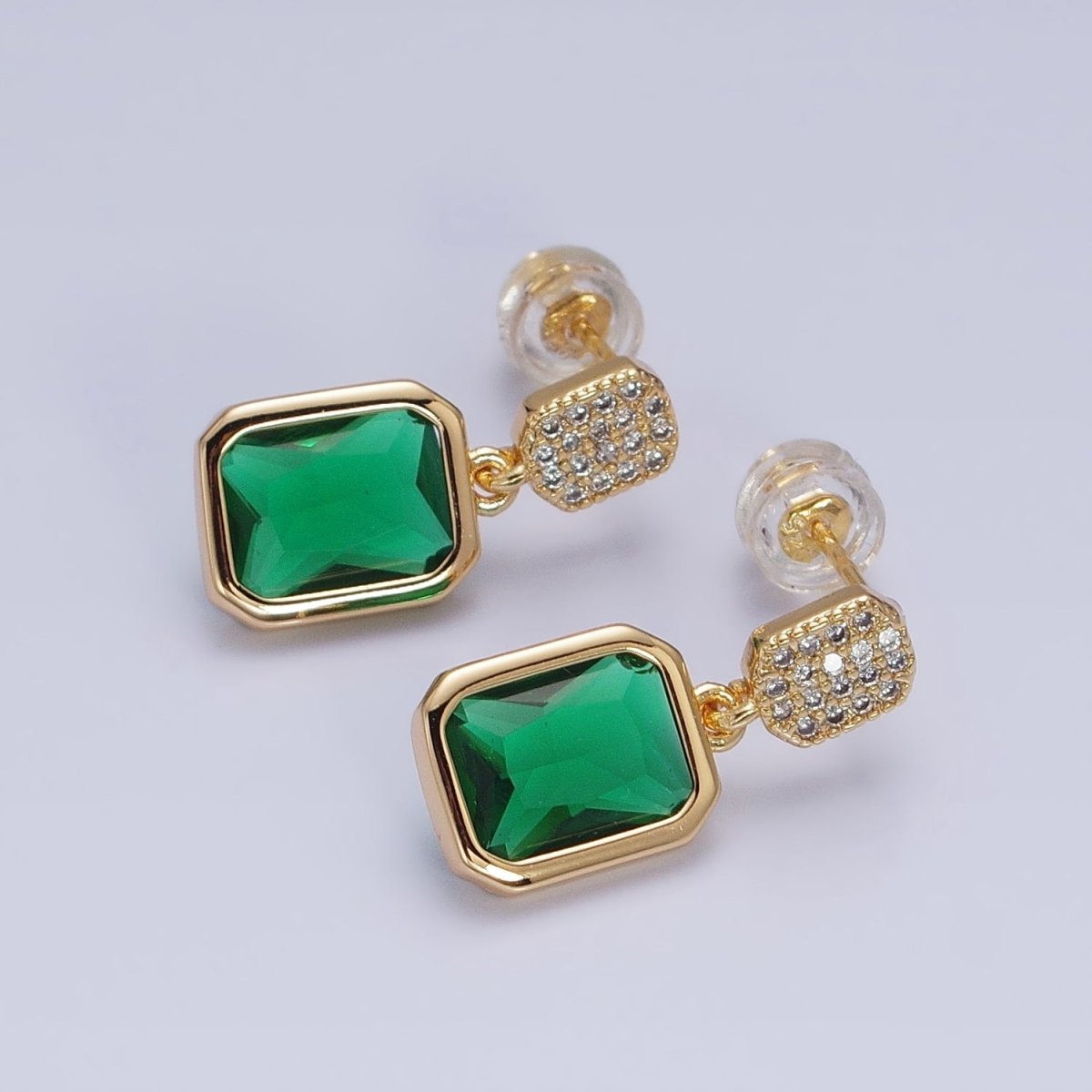 16K Gold Filled Fuchsia, Green Multifaceted Baguette CZ Drop Micro Pave Bar Stud Earrings in Gold & Silver