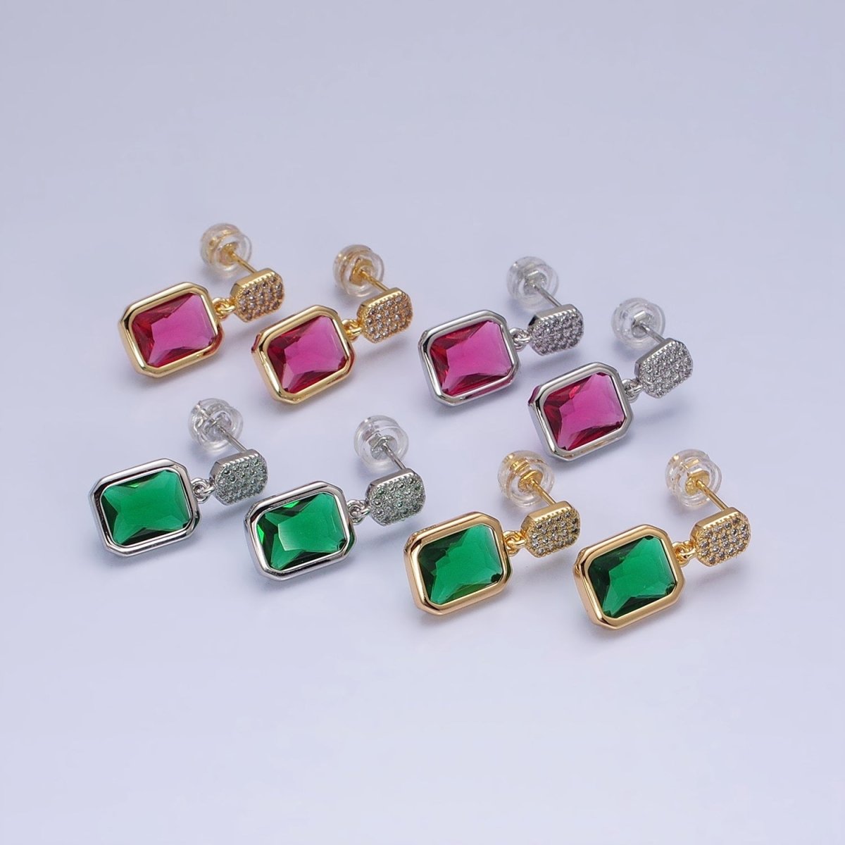 16K Gold Filled Fuchsia, Green Multifaceted Baguette CZ Drop Micro Pave Bar Stud Earrings in Gold & Silver