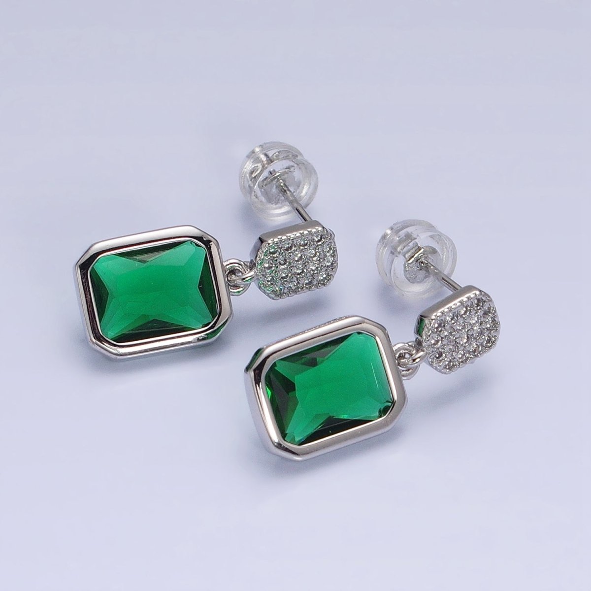 16K Gold Filled Fuchsia, Green Multifaceted Baguette CZ Drop Micro Pave Bar Stud Earrings in Gold & Silver